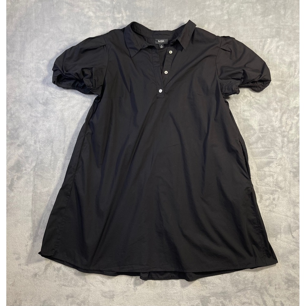 MSK Shirt Dress Womens XL Black Excellent Puff Sleeve Cotton Poplin Mini Pocket